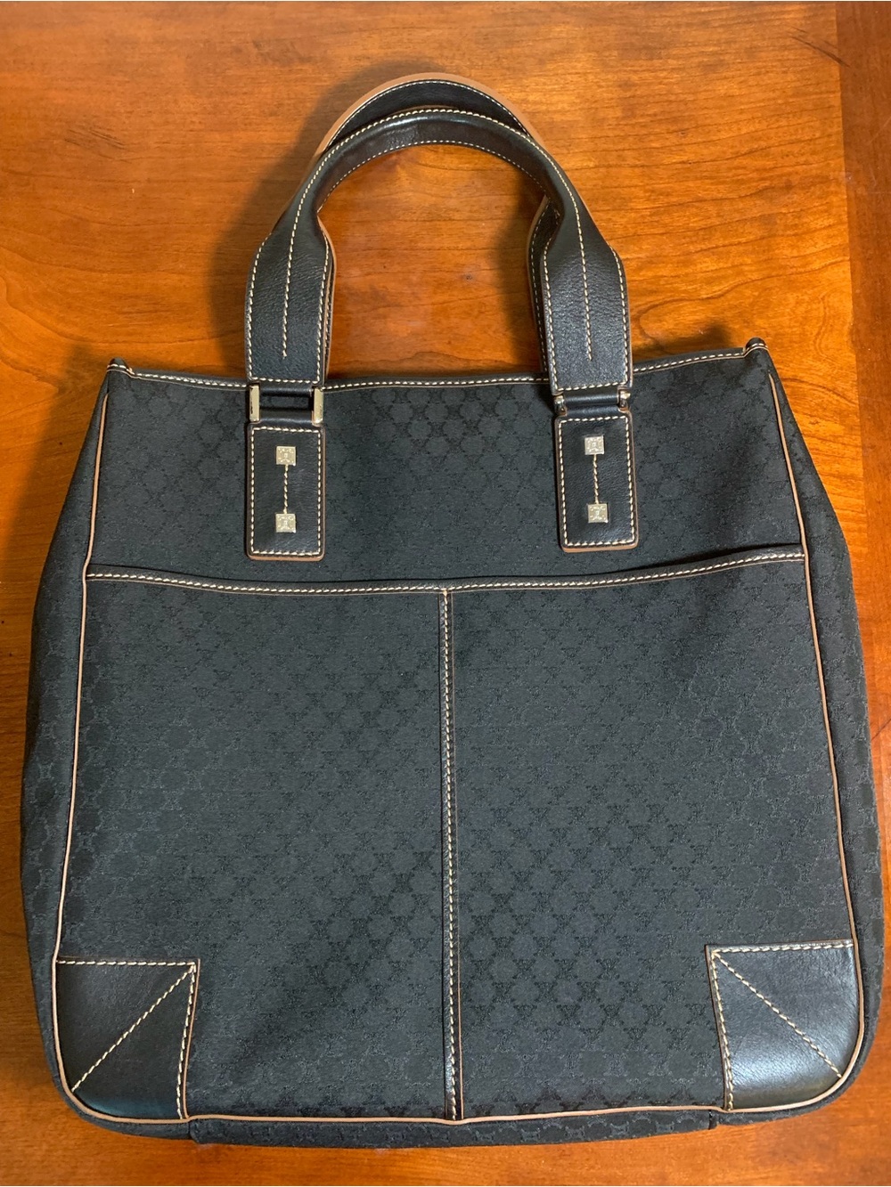 Celine Macadam Tote Handbag Black Canvas Leather